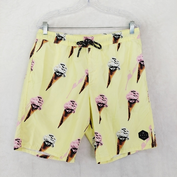 Neff Yellow & Brown Ice Cream Cone High Rise Aloha Swim Trunks Shorts 636 - Picture 1 of 8